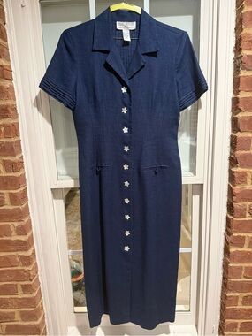 Jessica Howard Vintage Navy Linen Midi Dress with Star Buttons and Short Sleeves
